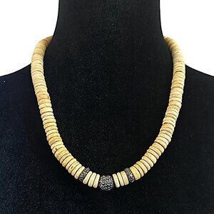 BPD Betsy Pittard Designs Necklace Wood Discs Crystal Beaded Accent Hematite Bea